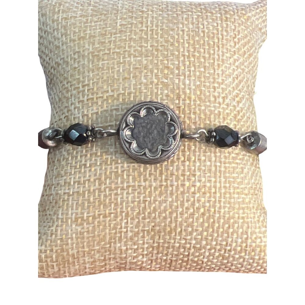 Vintage GB Collection Sterling Silver Bracelet Mesh Black Glass Toggle Estate